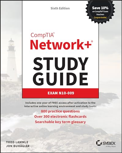 Front cover of CompTIA Network+ Study Guide, Exam N10-009, featuring a lighthouse background.