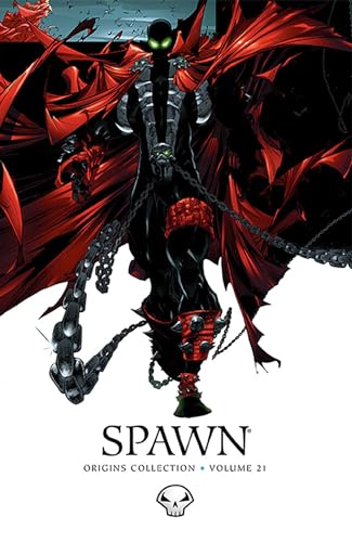 Spawn, a dark superhero with a glowing green mask, stands dramatically.