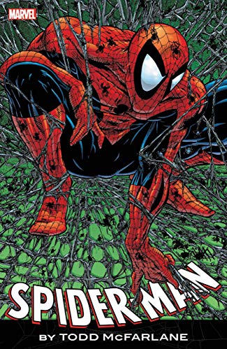 Spider-Man crouches amidst a webbed background on a comic book cover.