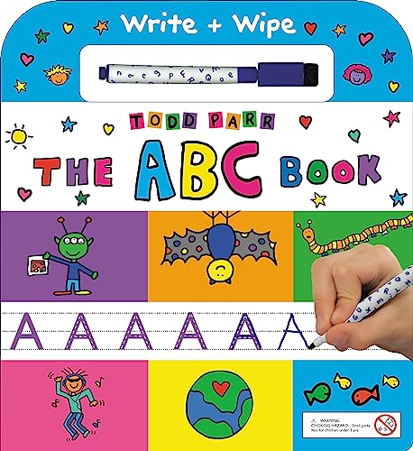 Colorful ABC write and wipe book with illustrations and a marker.