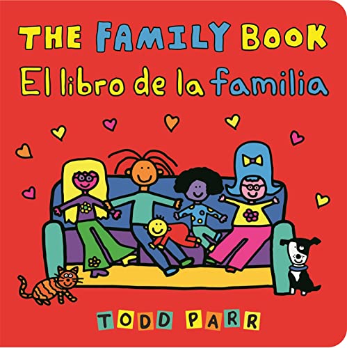 Bilingual children’s book cover depicting a diverse family and a dog.
