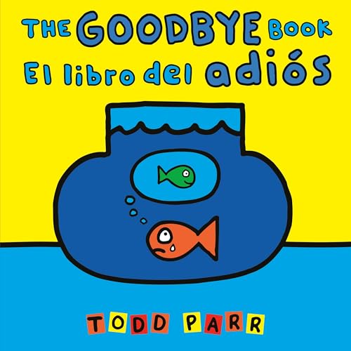 Book cover: sad goldfish outside a blue fishbowl, bilingual title.