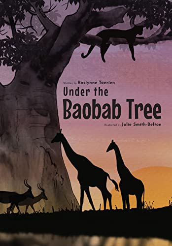 Book cover: giraffes and leopards beneath a large baobab tree silhouette.