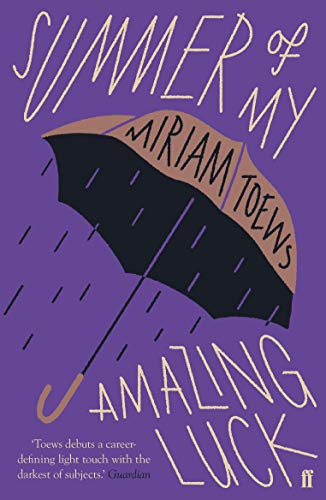 Book cover: purple background, black umbrella, and red shoe illustration.