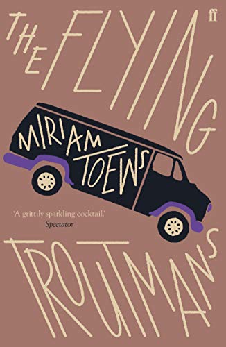 Book cover with a black van on a dusty pink background and handwritten text.