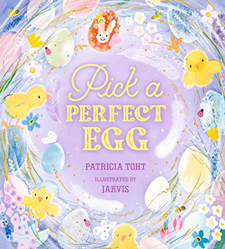 Book cover with colorful Easter eggs, chicks, and floral wreath design.