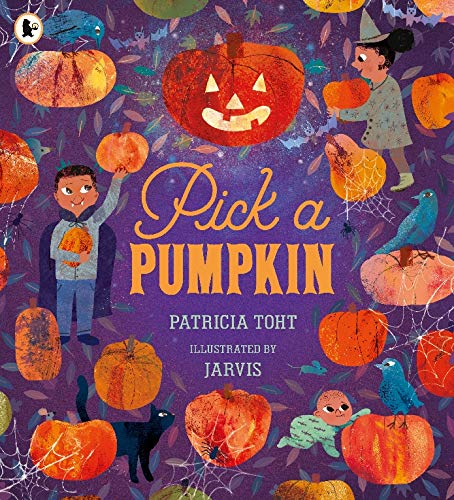 Book cover: children in costume among pumpkins, with title "Pick a Pumpkin".