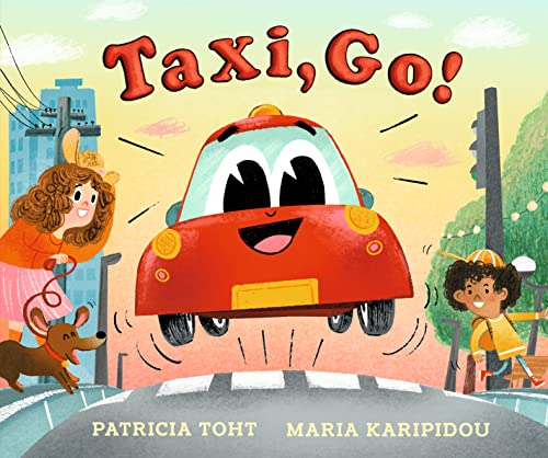 Red cartoon taxi with a smiling face drives down a city street.