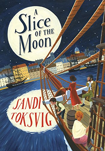 Book cover depicting a ship, city skyline, and large moon.