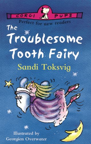 Book cover: “The Troublesome Tooth Fairy” with a cartoon fairy falling.