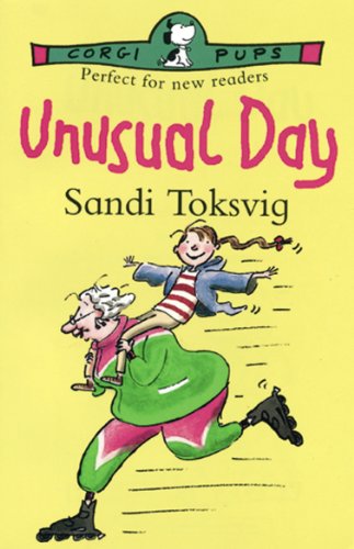 Book cover: girl roller skating on a dog’s back, yellow background.