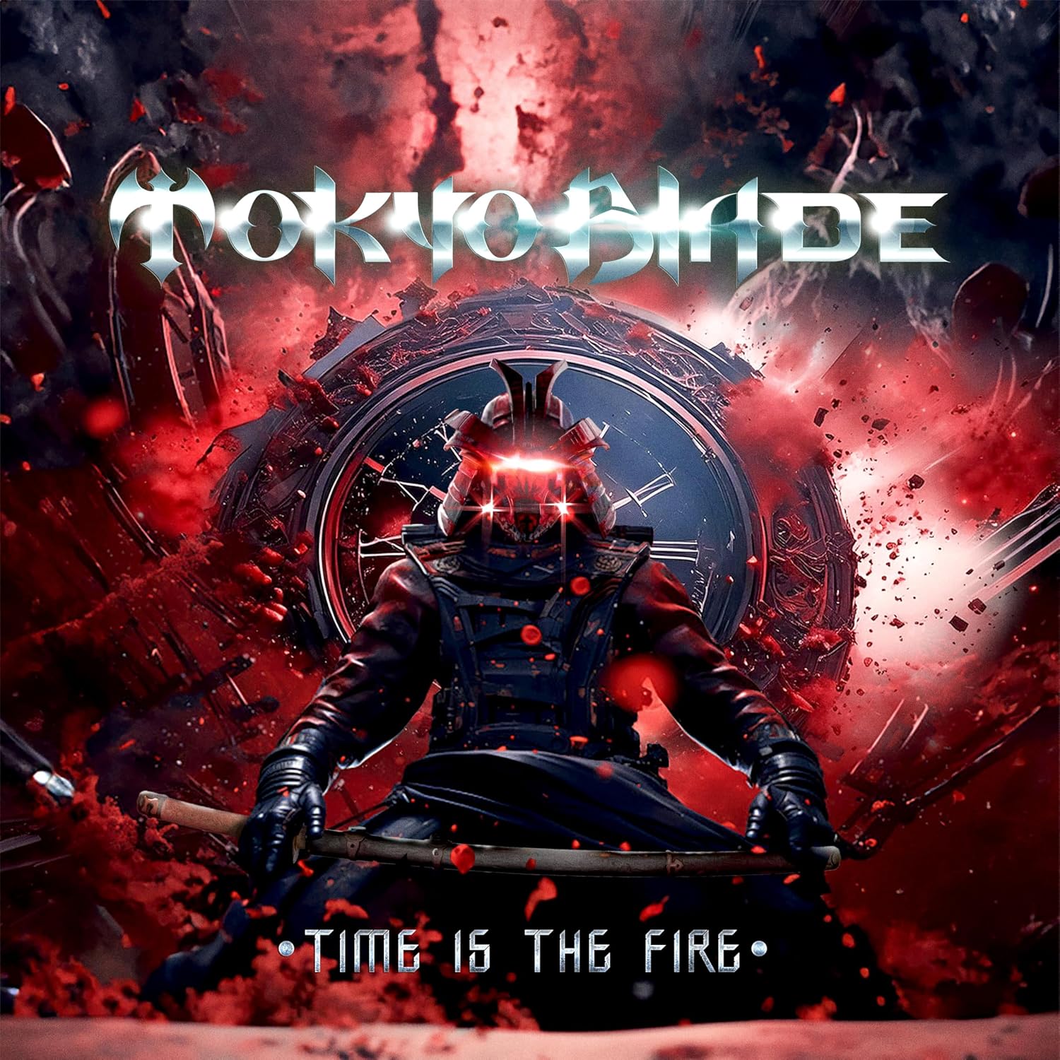 CD cover for Tokyo Blade’s “Time Is The Fire” featuring a samurai robot.