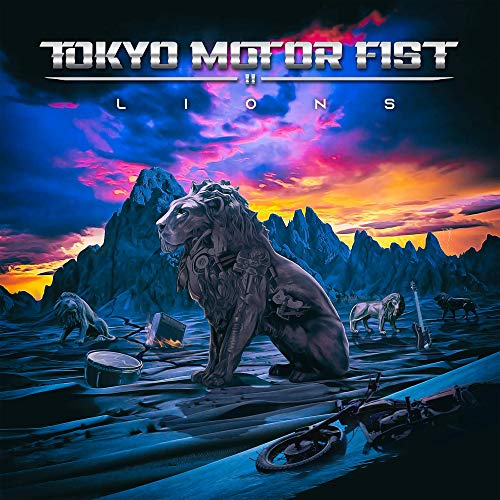 CD cover: robotic lion with mountains, instruments, and motorcycle parts.