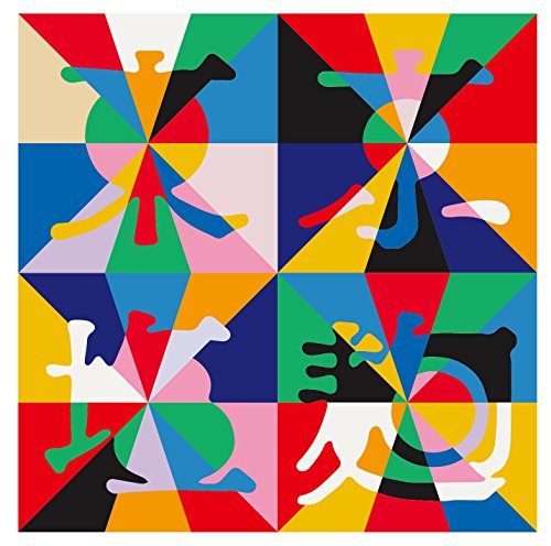 Colorful abstract geometric shapes and figures on a square CD cover.