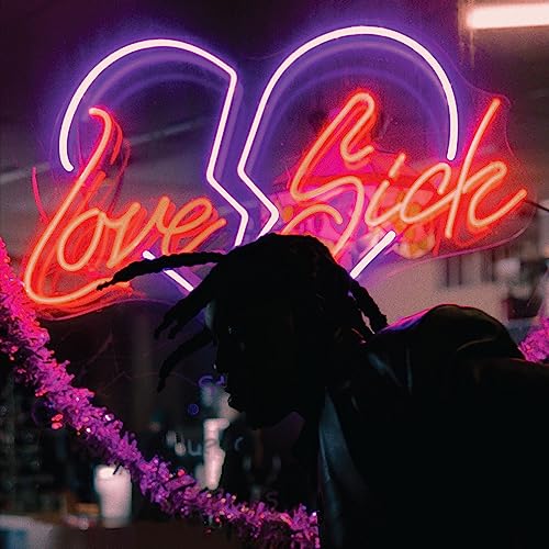 CD cover for Toliver,don’s “Love Sickness” with neon heart and artist silhouette.
