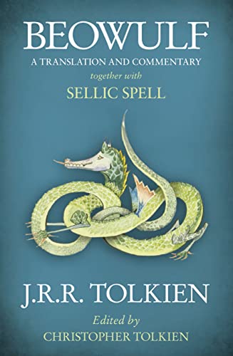 Book cover: “Beowulf” by J.R.R. Tolkien, featuring a green dragon illustration.