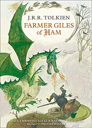 Book cover: "Farmer Giles of Ham" featuring a dragon and fleeing farmer.