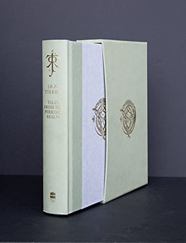 A pale green slipcased book titled Tales from the Perilous Realm by J.R.R. Tolkien.