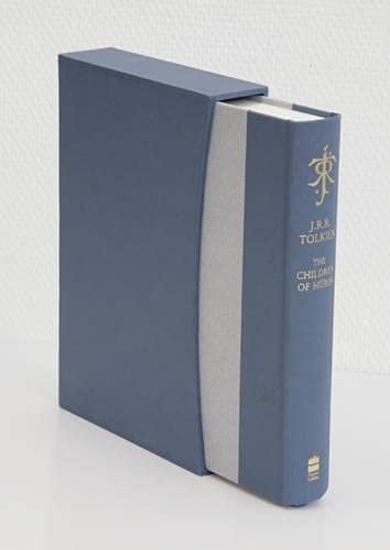 Blue hardcover book, “The Children of Húrin,” with a slipcase.