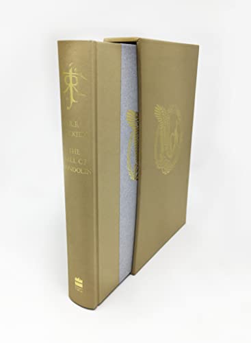 Gold hardcover book, "The Fall of Gondolin," with slipcase and design.