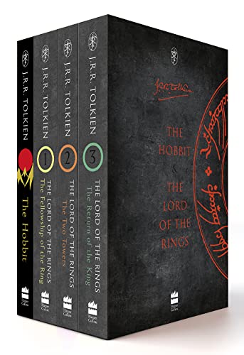 Black boxed set of three Tolkien books: The Hobbit & Lord of the Rings.