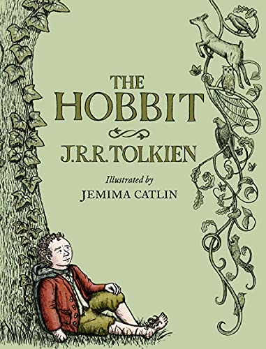 Book cover of "The Hobbit" with illustration of a seated hobbit.