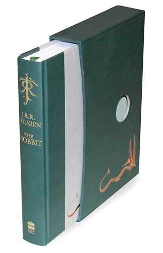 A green slipcased edition of The Hobbit by J.R.R. Tolkien with gold lettering.
