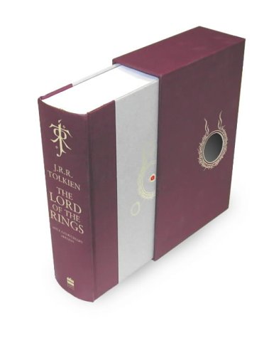 Maroon slipcase enclosing a white-edged book, “The Lord of the Rings” title visible.