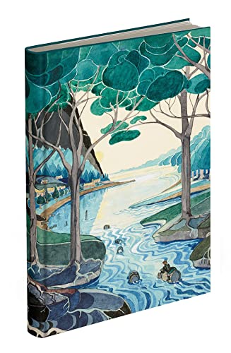 Journal cover with art depicting elves rafting on a river landscape.