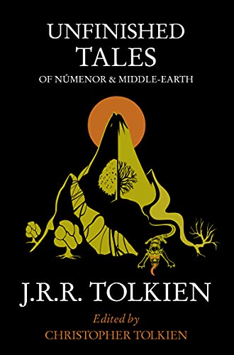 Book cover of Unfinished Tales by J.R.R. Tolkien featuring a mountain, sun, and dragon.