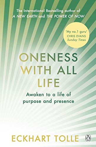 Book cover: "Oneness With All Life" by Eckhart Tolle, radiating green lines.