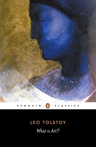 Book cover: blue and gold abstract face, title “What is Art?” by Tolstoy.