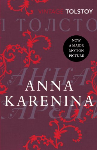 "Book cover of 'Anna Karenina' with maroon background, red floral designs, and white title text."
