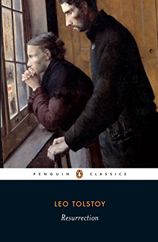Book cover: two figures by a window, “Resurrection” by Leo Tolstoy.