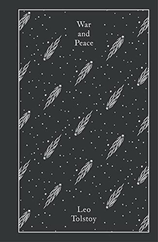 Black book cover with white shooting stars and text: "War and Peace".
