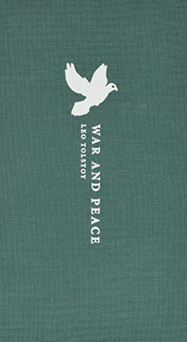 Green book cover featuring a white dove icon and the title War and Peace.