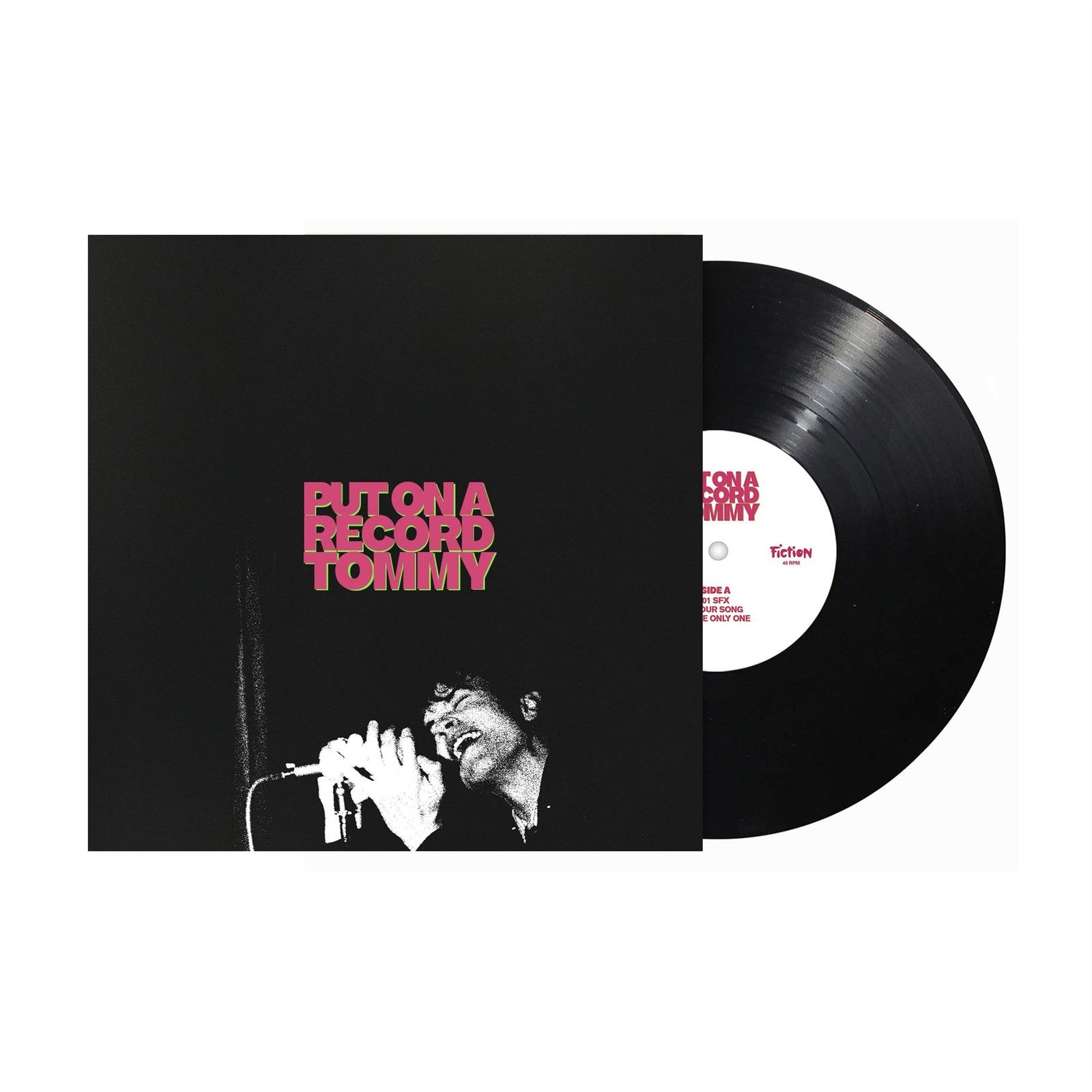 Black vinyl record with white and red label, featuring a microphone image.