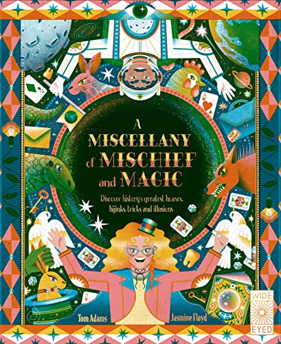 Book cover with whimsical illustrations of magic, hoaxes, and fantastical creatures.