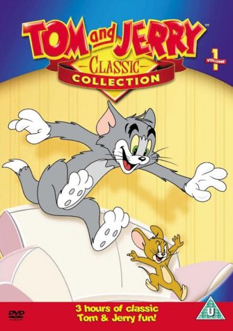 Tom and Jerry cartoon DVD cover featuring Tom chasing Jerry the mouse.