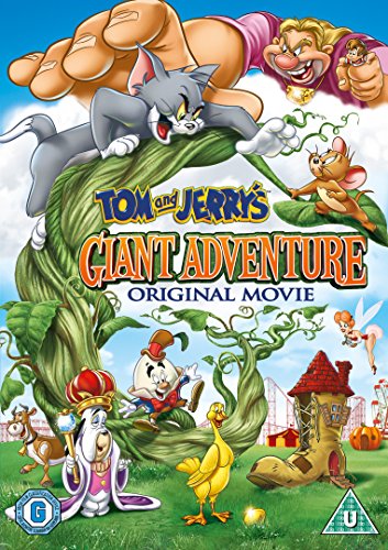 Tom and Jerry climb a giant beanstalk with a giant, fairy, and other characters.