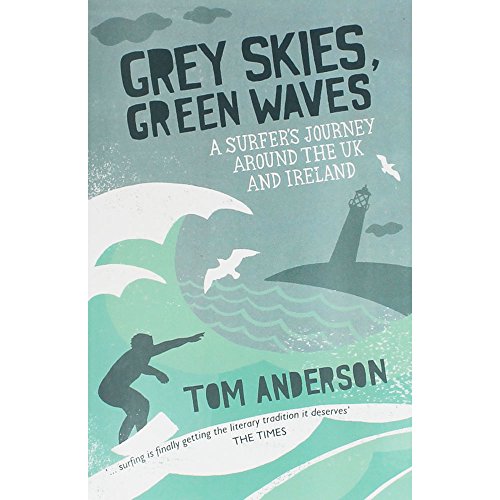 Book cover: grey skies, green waves, a surfer, and a lighthouse.