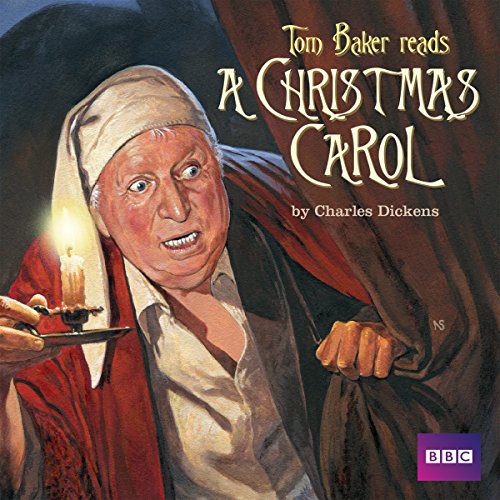 Audiobook cover featuring Tom Baker and a depiction of Scrooge with a candle.