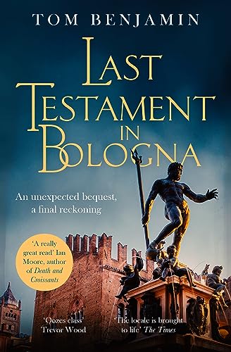 Book cover: “Last Testament in Bologna” with statue and Italian architecture.