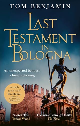 Book cover: "Last Testament in Bologna" featuring a statue and cityscape.