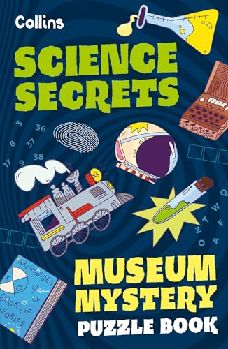 Puzzle book cover with science-themed illustrations: fingerprint, train, astronaut helmet.