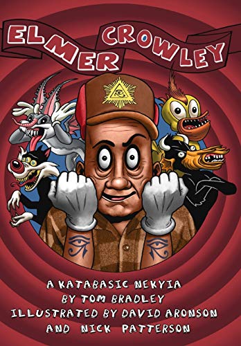 Cartoon illustration of Elmer Crowley with large eyes, white gloves, and occult symbols.