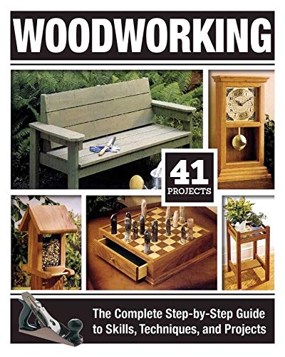 Woodworking book cover featuring finished projects: bench, clock, birdhouse, and chess board.