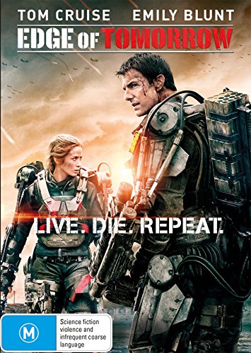 DVD cover for "Edge of Tomorrow" featuring Tom Cruise and Emily Blunt.