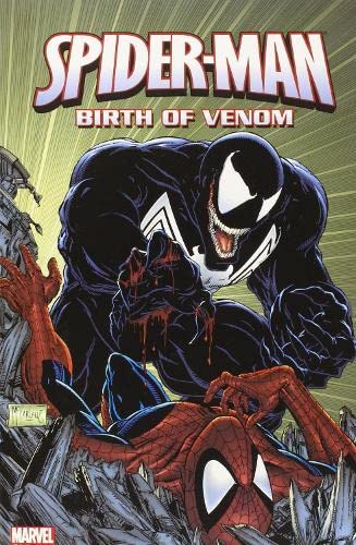 Venom looms over a fallen Spider-Man on the cover of a Marvel comic book.