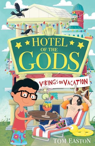 Book cover: a boy, a Viking, a hotel, and colorful drinks.